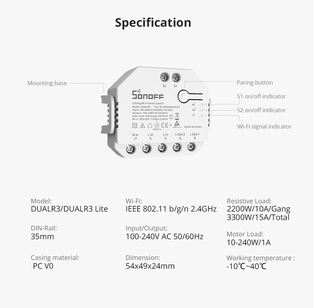 Sonoff DUALR3 - 2-gang or Motor  Wi-Fi Switch 16A - 4